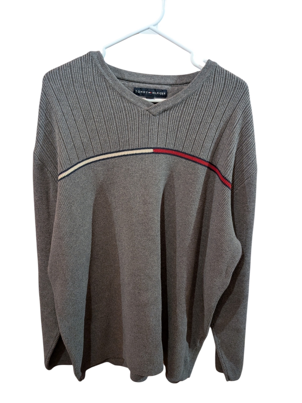 Tommy Hilfiger Men's Gray V-Neck Sweater with Red and White Accent